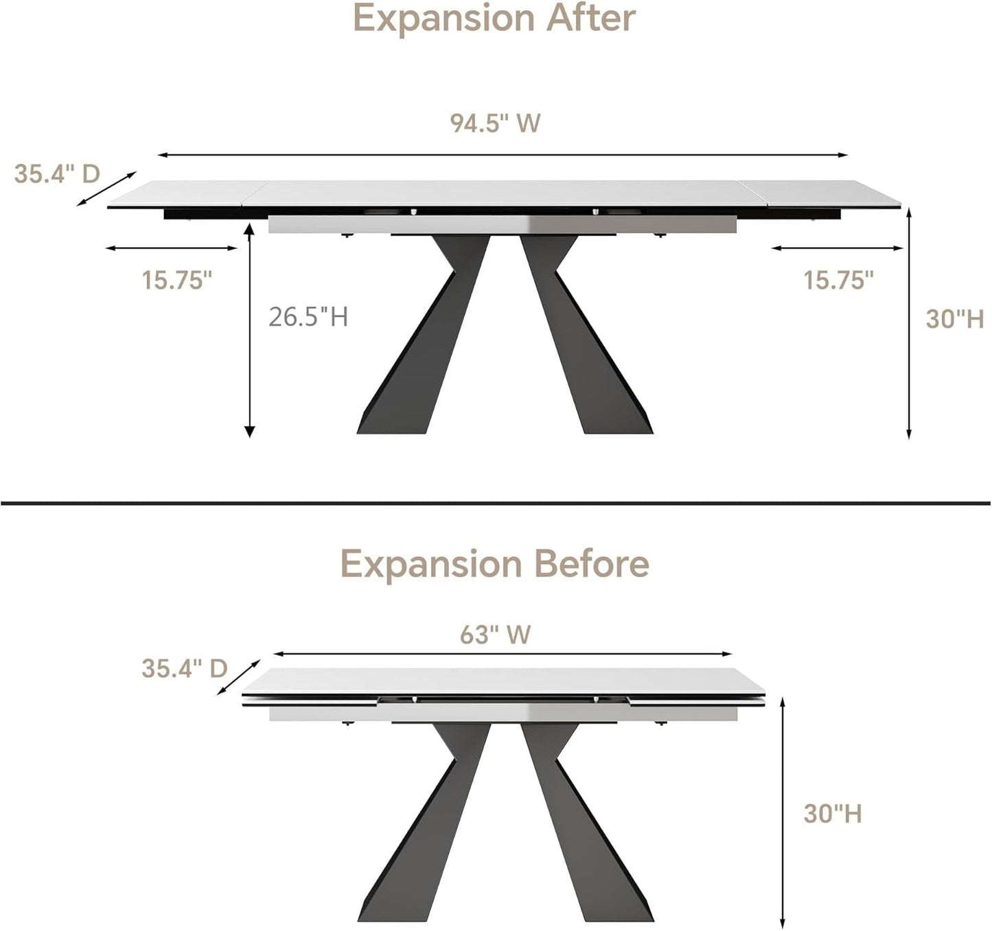 Extendable Dining Table for 8-12 Seat, Flexible Stretch, Tabletop Made from Rock Plate and Tempered Glass, Solid Carbon Steel Base, 35.4" D X 94.5" W X 30" H, White Top-1
