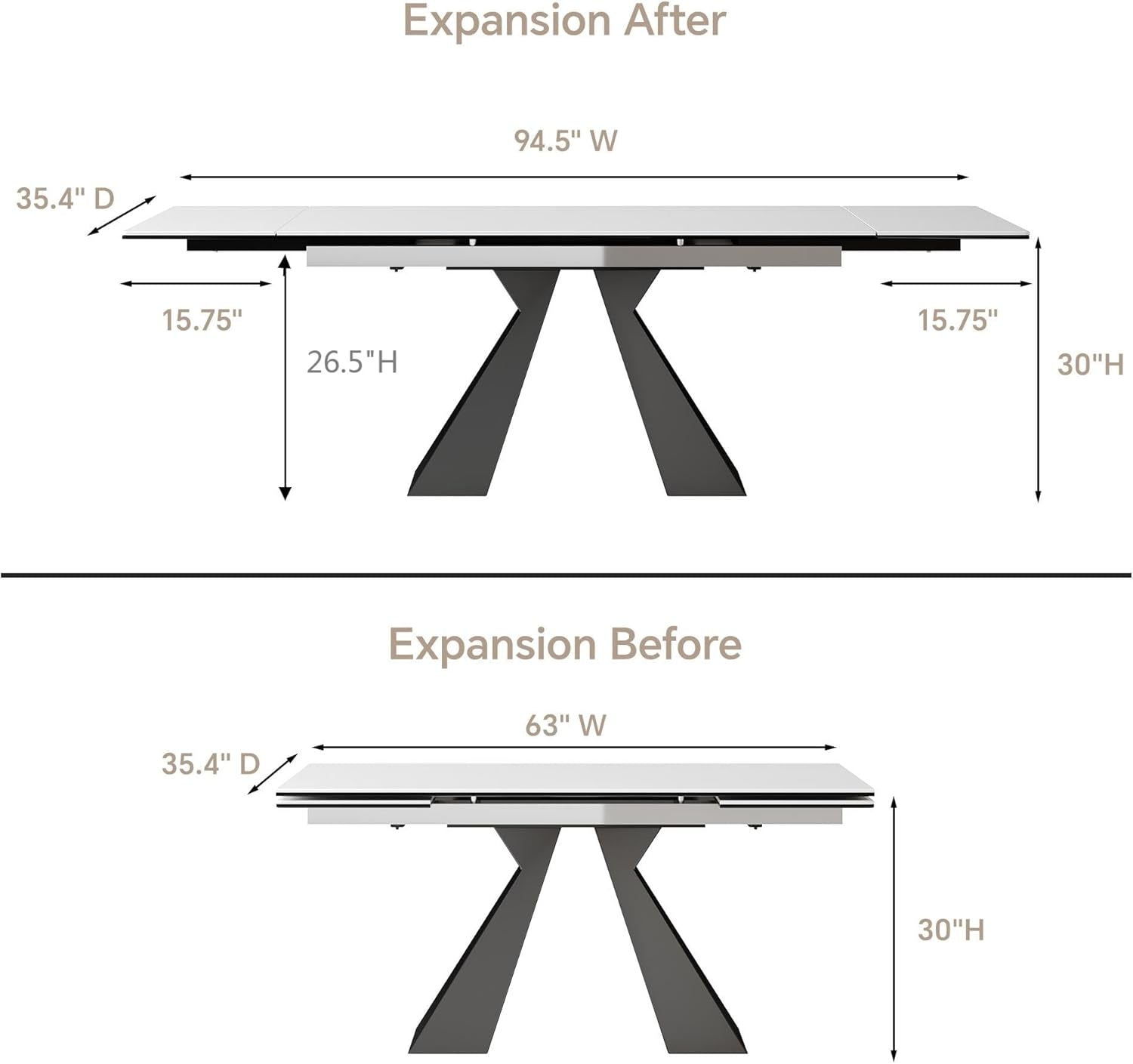 Extendable Dining Table for 8-12 Seat, Flexible Stretch, Tabletop Made from Rock Plate and Tempered Glass, Solid Carbon Steel Base, 35.4" D X 94.5" W X 30" H, White Top-1