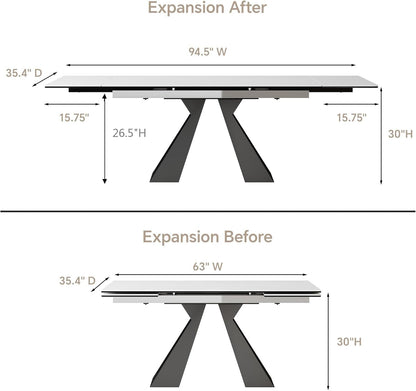 Extendable Dining Table for 8-12 Seat, Flexible Stretch, Tabletop Made from Rock Plate and Tempered Glass, Solid Carbon Steel Base, 35.4" D X 94.5" W X 30" H, White Top-1