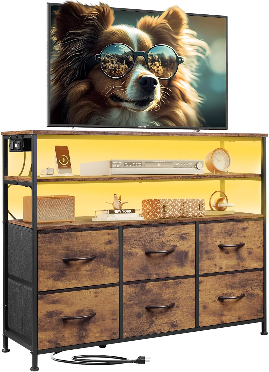 Led Dresser TV Stand for Bedroom, Entertainment Center with LED Lights and Power Outlet, 6 Drawer Dressers with Double Open Shelves, Rustic Brown TV Stands-0
