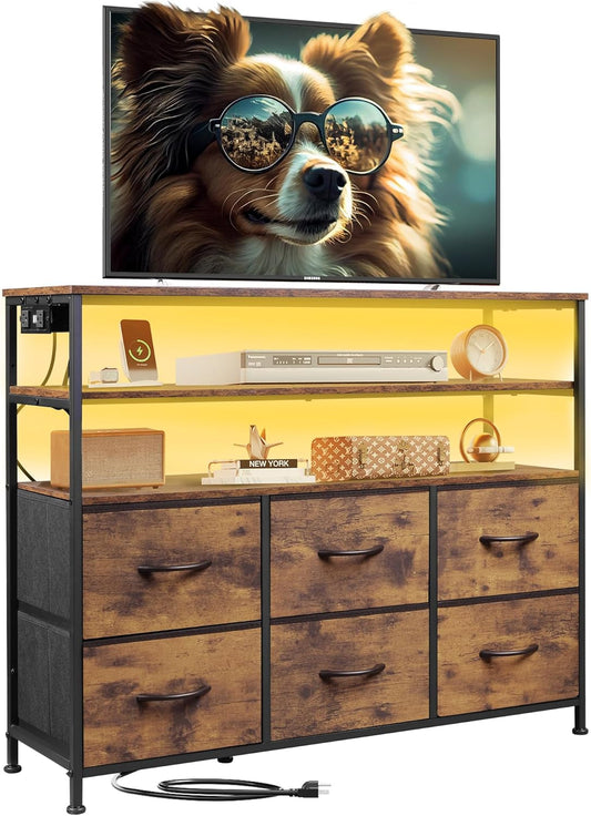 Led Dresser TV Stand for Bedroom, Entertainment Center with LED Lights and Power Outlet, 6 Drawer Dressers with Double Open Shelves, Rustic Brown TV Stands-0