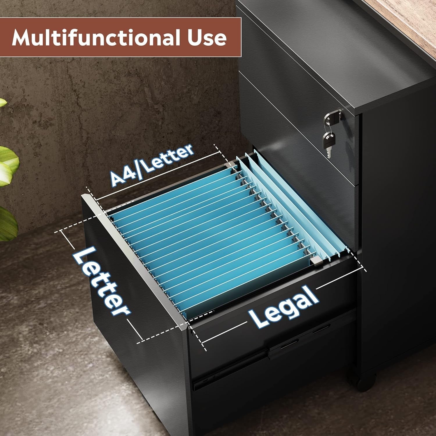 3 Drawer File Cabinet with Lock, Small Rolling Filing Cabinet under Desk, Wood Office Drawers Fits Letter/Legal/A4 Size Folders, Black-4