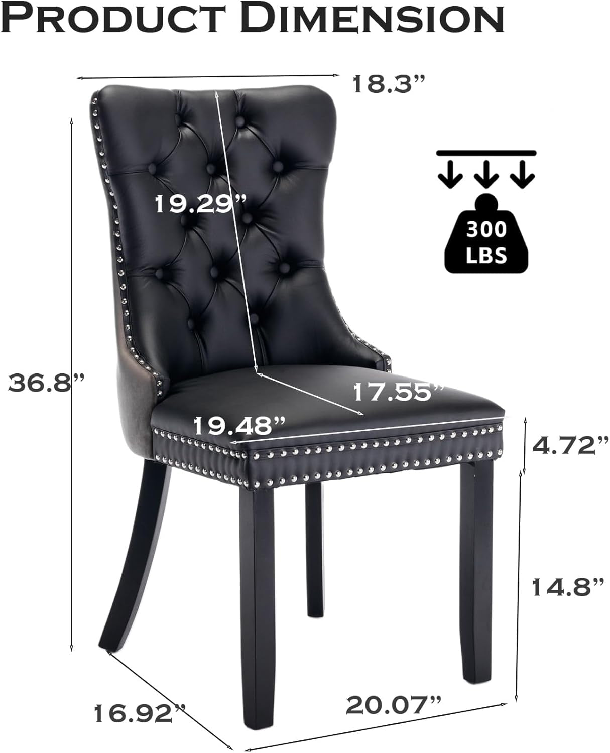 Leather Dining Chair Set of 2 Upholstered Tufted Dining Room Chair with Nailhead Trim and Solid Wood Legs for Kitchen, Restaurant, Black&Grey-1
