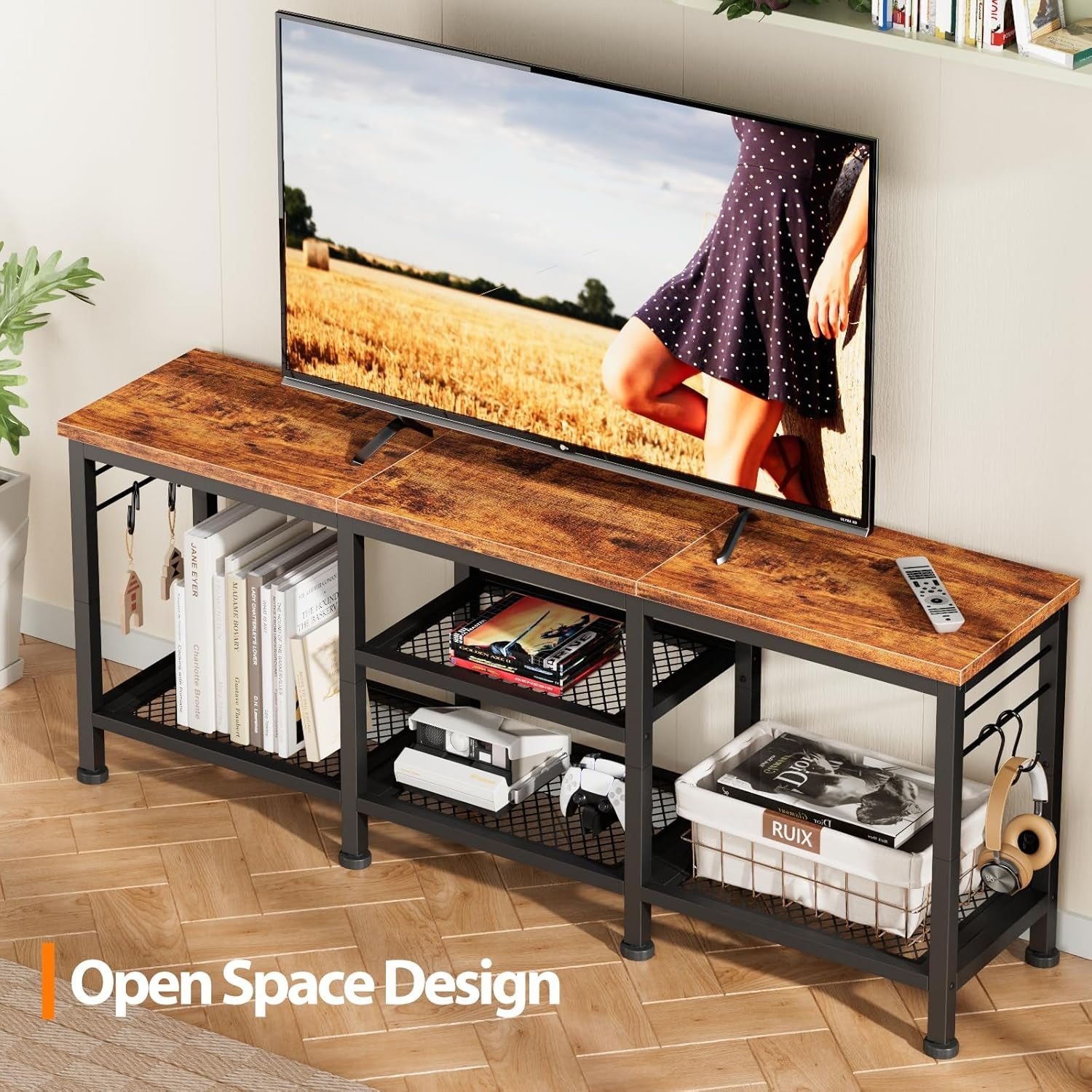 TV Stand for Tvs up to 55 Inch, Entertainment Center with Open Storage Shelves, TV Media Console Table with Soundbar Shelf for Living Room, Bedroom, Rustic Brown-2