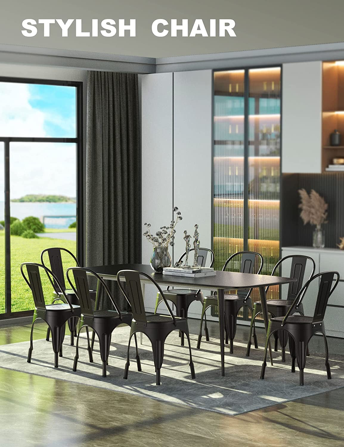 Stackable Metal Tolix Style Dining Chair, Set of 4, Black-3