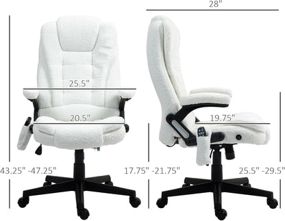 6 Point Vibrating Massage Office Chair with Heat, Velvet High Back Executive Office Chair with Reclining Backrest, Padded Armrests and Remote, White-2