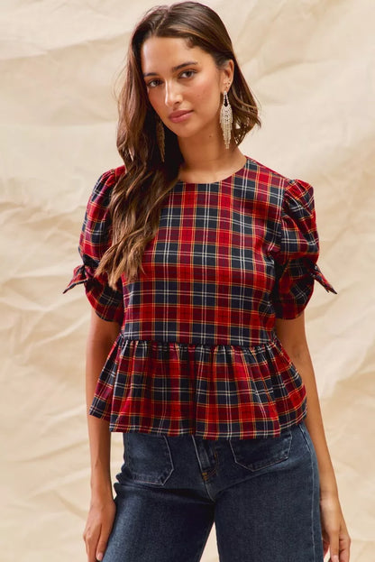 SO ME Christmas Holiday Plaid Ribbon Short Sleeves Top