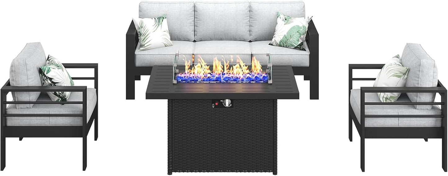 Aluminum Furniture Set with Fire Pit Table, 4 Pieces Patio Sectional Conversation Chat Sofa Modern Seating Set-1