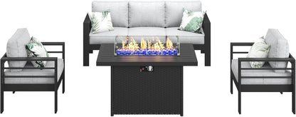 Aluminum Furniture Set with Fire Pit Table, 4 Pieces Patio Sectional Conversation Chat Sofa Modern Seating Set-1