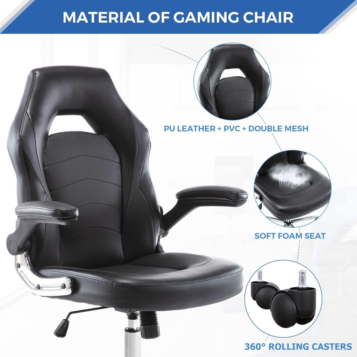 Home Gaming Ergonomic Office Flip-Up Armrest and Height Adjustable Desk Splicing PU Leather Computer Chair with Lumbar Support, Black (3959-BKZ6)-3
