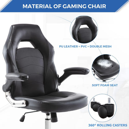 Home Gaming Ergonomic Office Flip-Up Armrest and Height Adjustable Desk Splicing PU Leather Computer Chair with Lumbar Support, Black (3959-BKZ6)-3