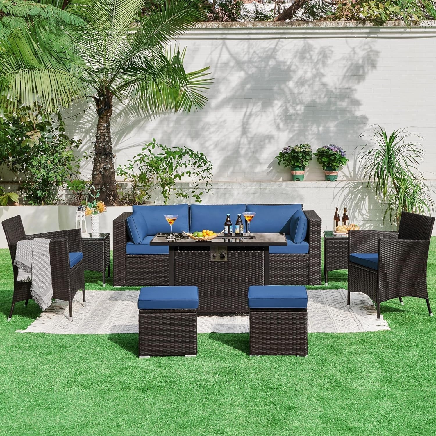 Outdoor Three-Seat Wicker Sofa with Deep Cushions and Pillows-1