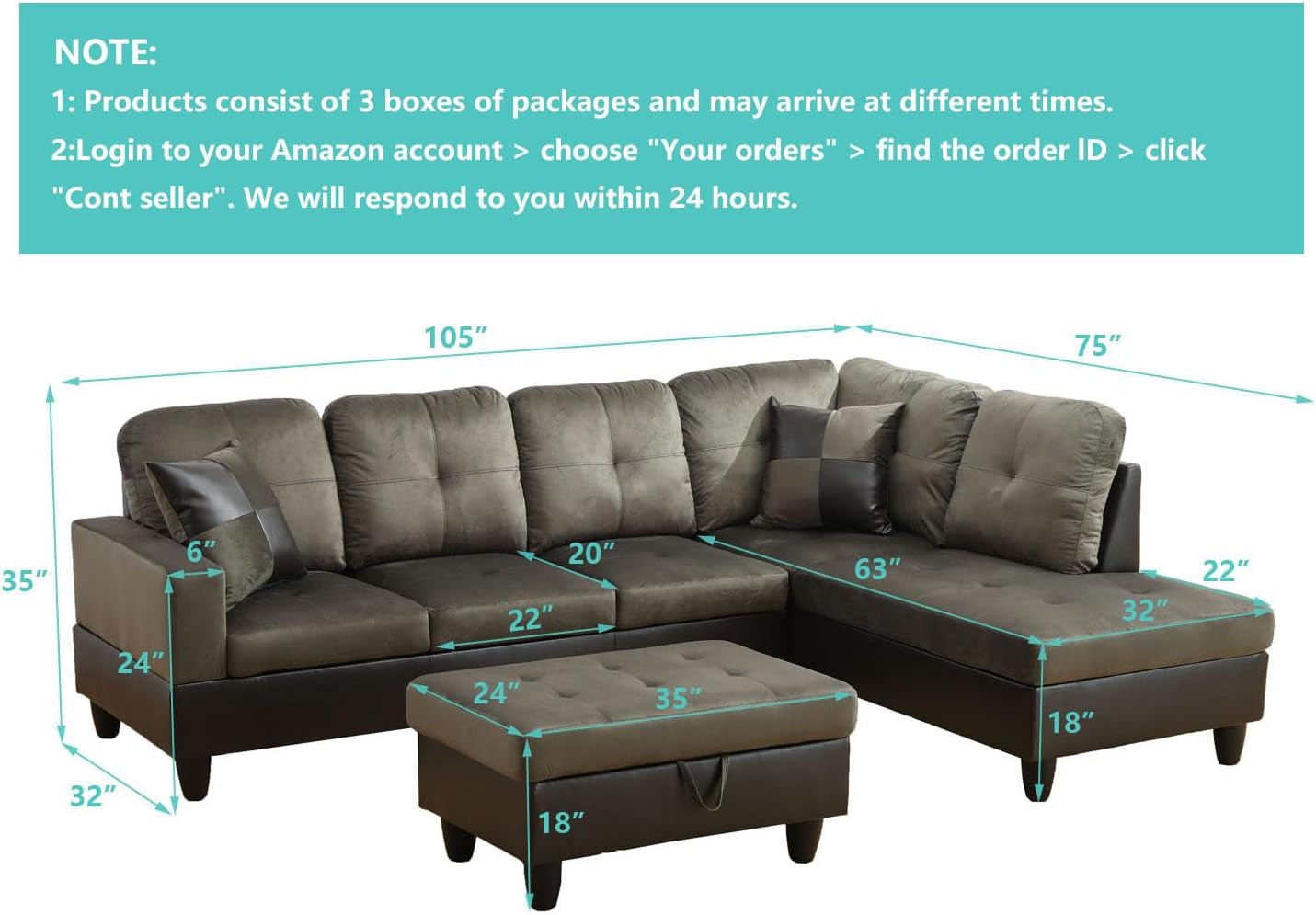 Taupe Sectional Couch for Living Room Set, 105 Inch Sectional Sofa L Shaped Couch with Storage Ottoman/Microfiber Fabric/Facing Right Chaise-2