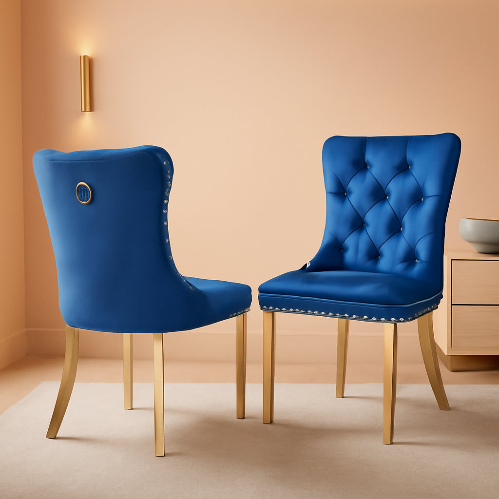 Velvet Dining Chair Set of 2, Upholstered Tufted Dining Room Chair with Nailhead Trim and Stainless Steel Gold Plated Leg for Kitchen, Blue-0