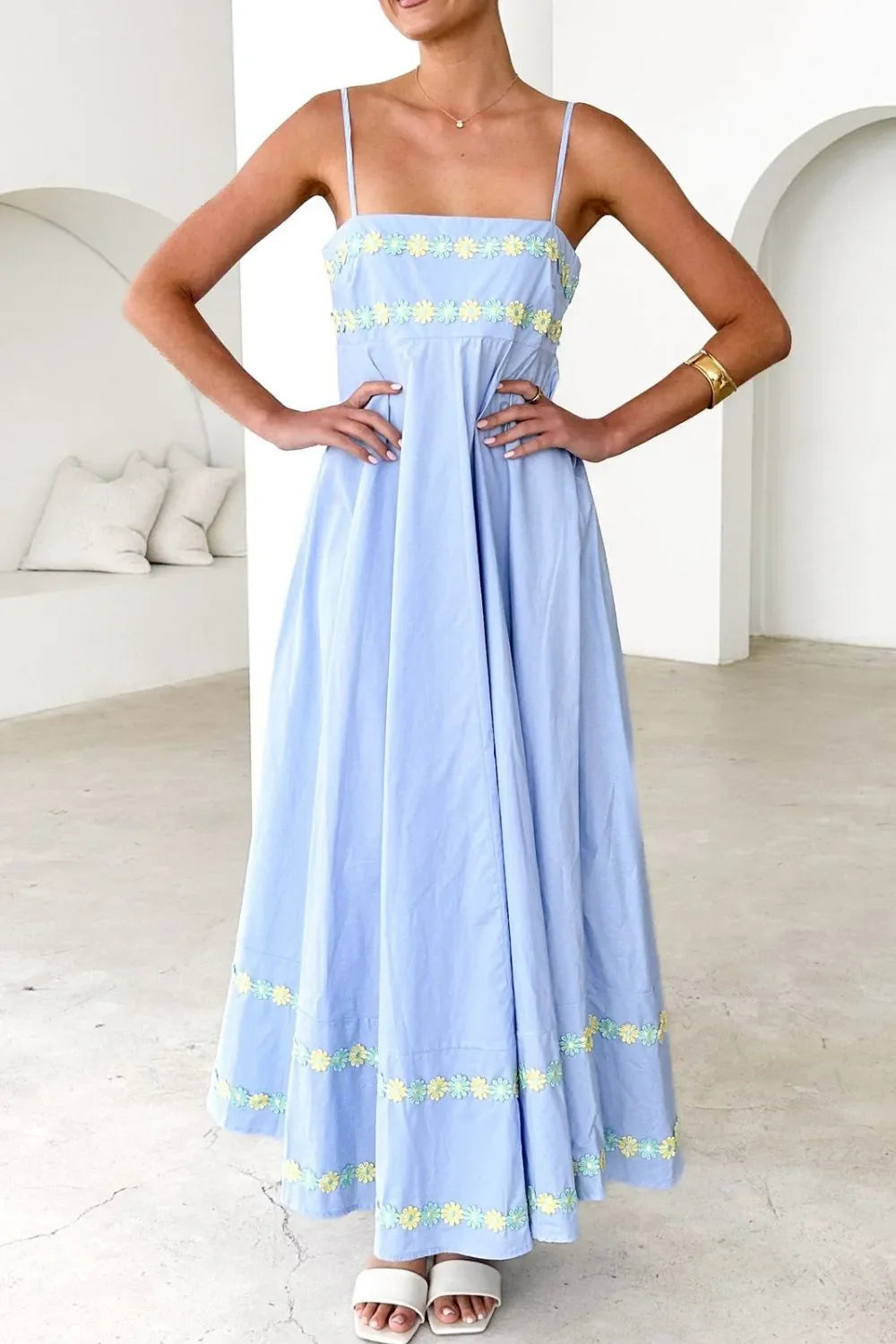 Floral Embroidered Spaghetti Strap Maxi Dress, Blue, Pink or Yellow  SM/MED/LG