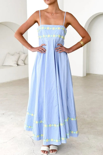 Floral Embroidered Spaghetti Strap Maxi Dress, Blue, Pink or Yellow  SM/MED/LG