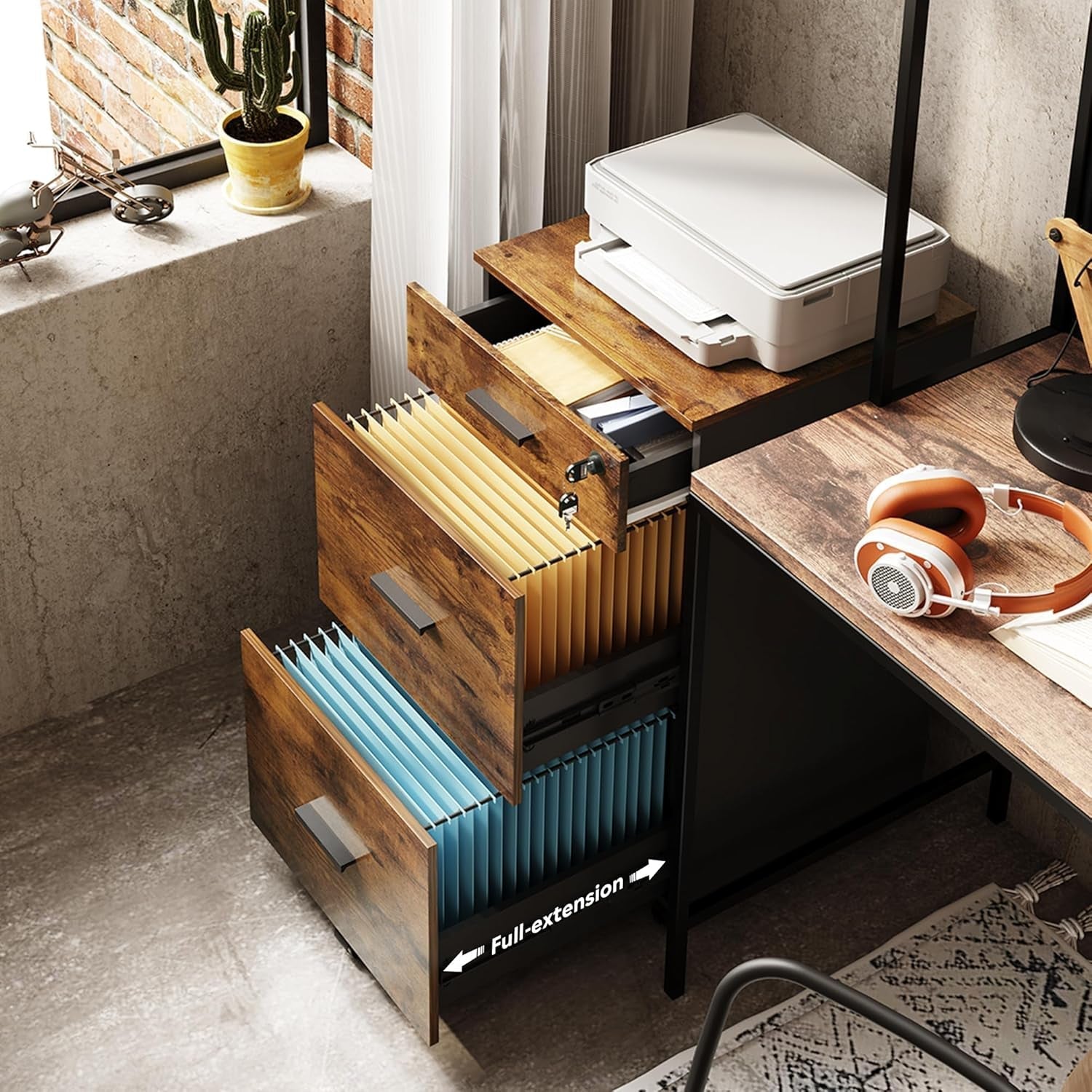 3 Drawer Rolling File Cabinet with Lock, Wood Filing Cabinet Fits Letter / A4 Size for Home Office, Rustic Brown-3