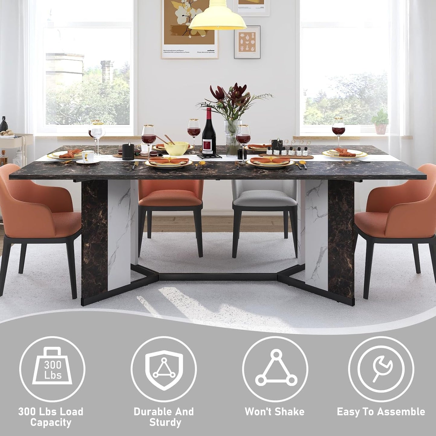 71In Large Rectangular Brown Dining Table for 4 5 6 7 People W/35 Marble-Color Wood Watrproof Tabletop,Adjustable Leg.6Ft Luxurious Family Dinner Table for Office Kitchen Living Room-4