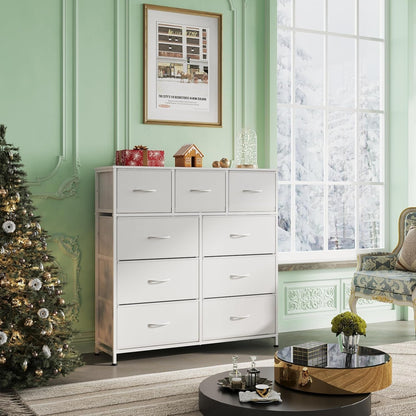 9-Drawer Dresser, Fabric Storage Tower for Bedroom, Hallway, Closet, Tall Chest Organizer Unit for Bedroom with Fabric Bins, Steel Frame, Wood Top, Easy Pull Handle, White-1