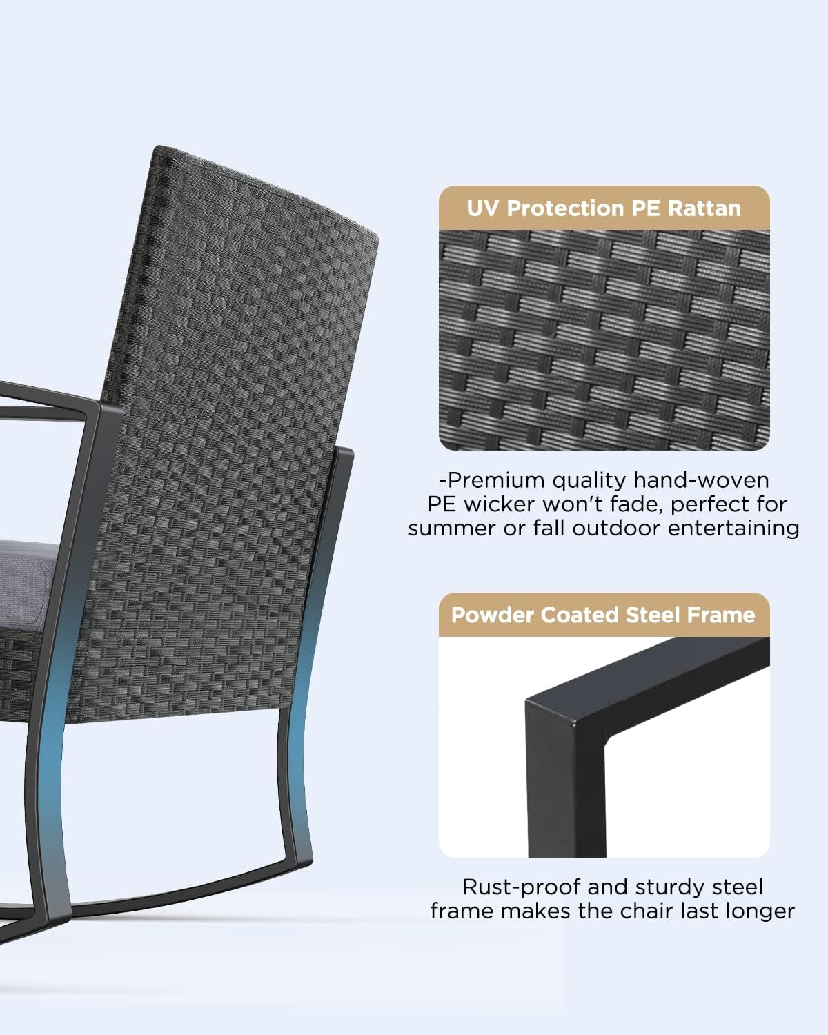 3 Pieces Patio Furniture Set Rocking Bistro Set Outdoor Rattan Conversation with Coffee Table for Garden Balcony Backyard Poolside (Grey Cushion)-2