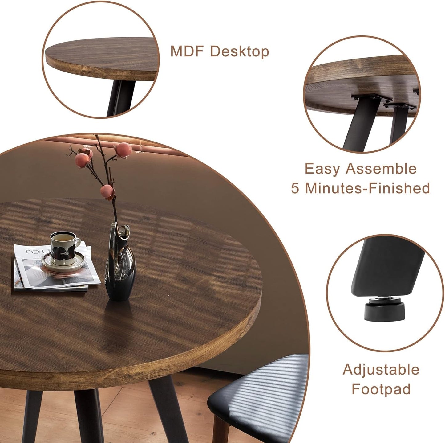 Contemporary Dining Table 31.5in Rustic Walnut Wood-4