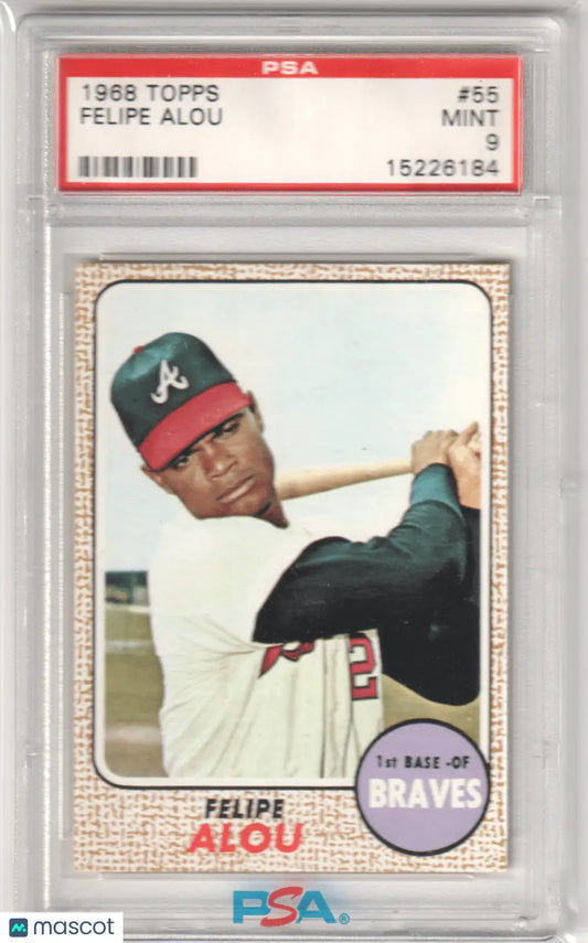Graded Felipe Alou baseball card from 1968 Topps, PSA 9 Mint Braves, Columbia Hobby