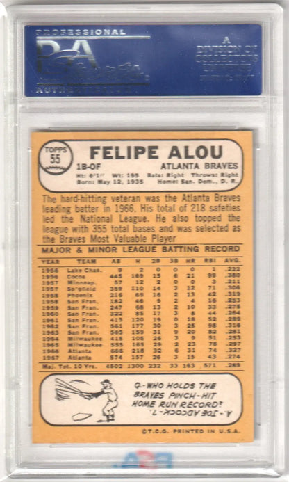 Graded Felipe Alou 1968 Topps baseball card in PSA 9 Mint condition from Columbia Hobby