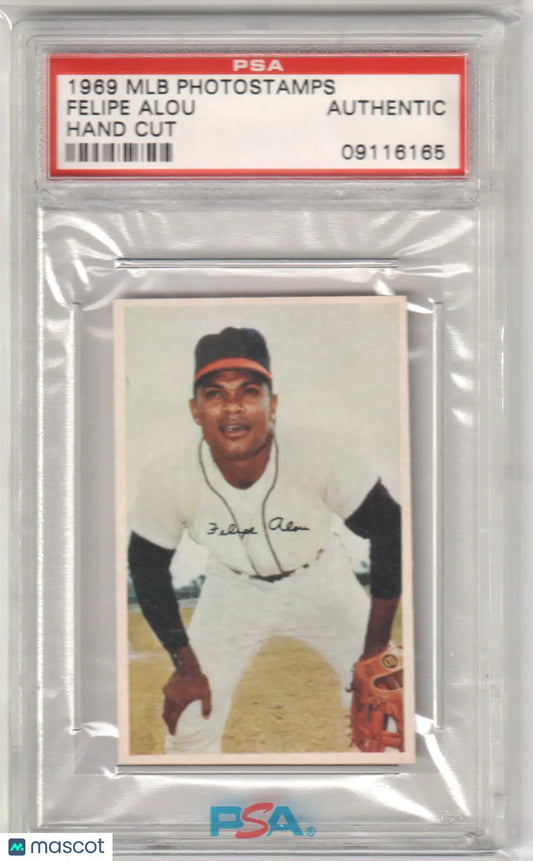 Felipe Alou baseball card from 1969 MLB Photostamps, hand cut PSA authentic, Columbia Hobby