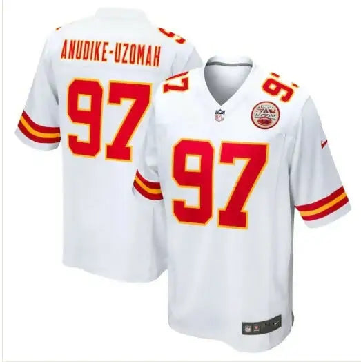 White Kansas City Chiefs Nike game jersey with red number 97 featuring chiefs nike branding