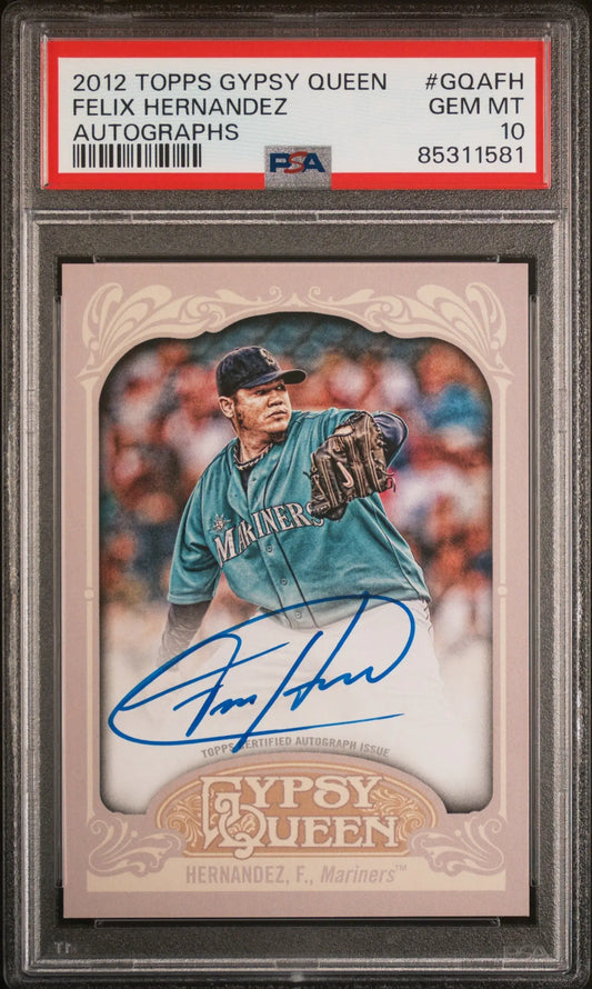 Graded 2012 Topps Gypsy Queen Felix Hernandez autographed baseball card in PSA 10 Gem Mint