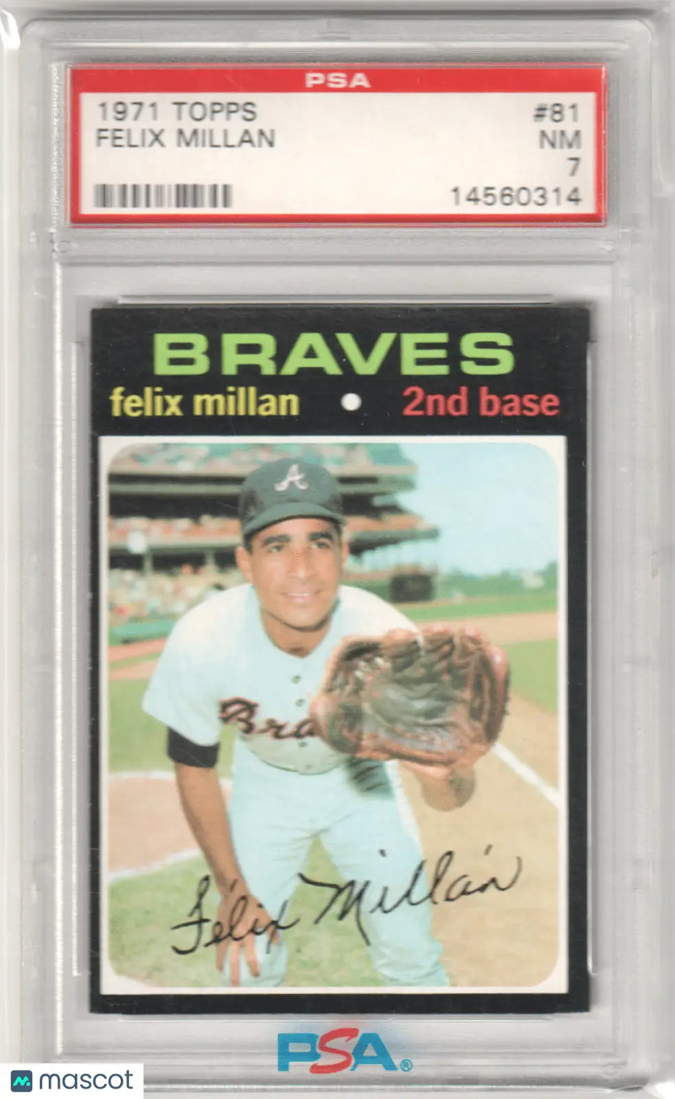 Graded 1971 Topps Felix Millan baseball card from Columbia Hobby in PSA 7 NM condition