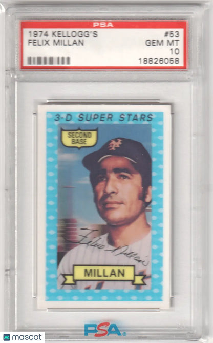 Graded 1974 Kellogg’s Felix Millan Super Stars baseball card by Columbia Hobby PSA 10
