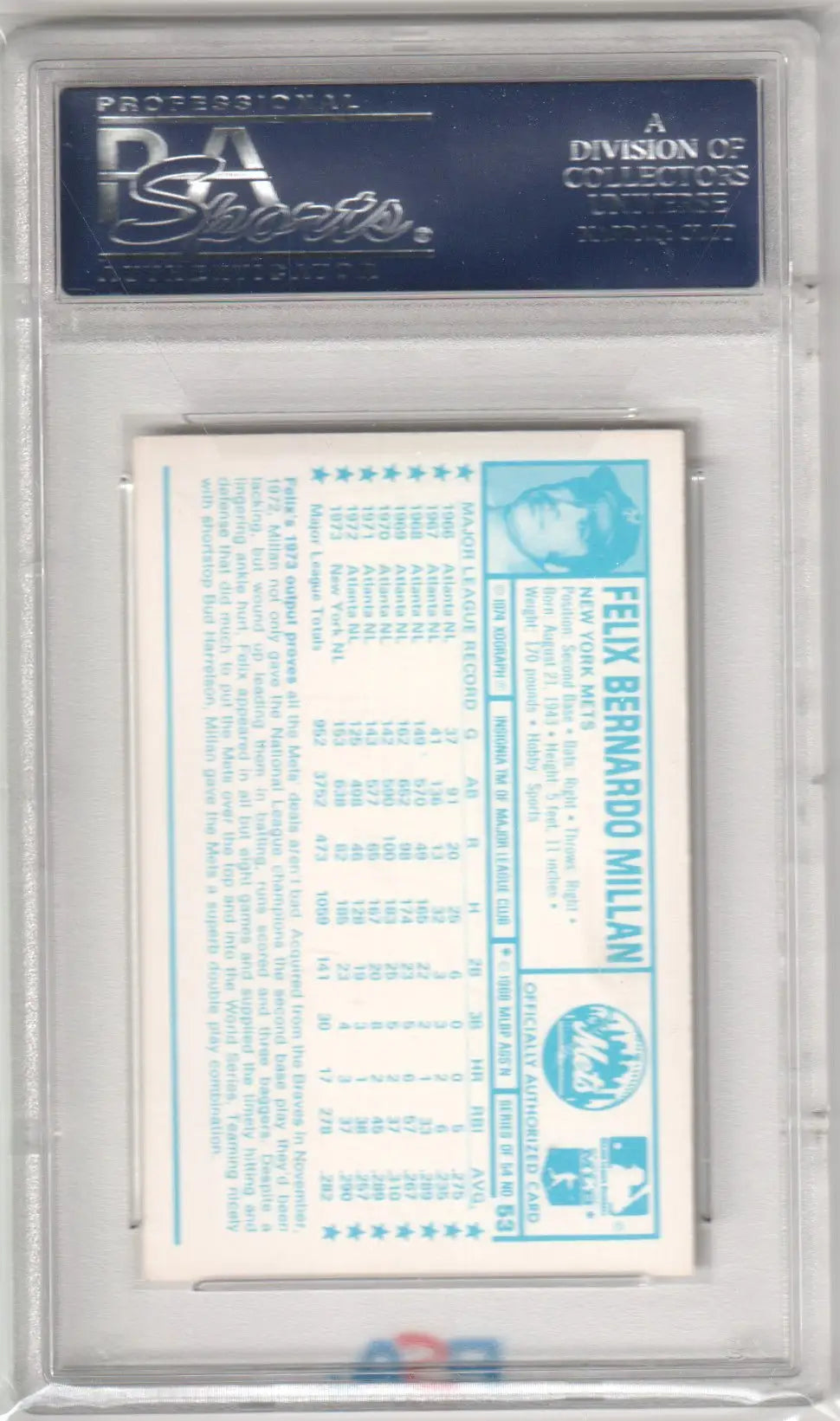 Graded Felix Millan 1974 Kellogg’s Super Stars baseball card from Columbia Hobby