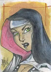 Stylized portrait sketch of a woman in a pink hood for Female Persuasion trading cards