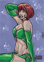 Cartoon drawing of Lynne Anderson in a green bikini for trading cards series