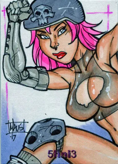 Stylized illustration of a muscular woman with pink hair in a skull helmet for Female Persuasion Trading Cards