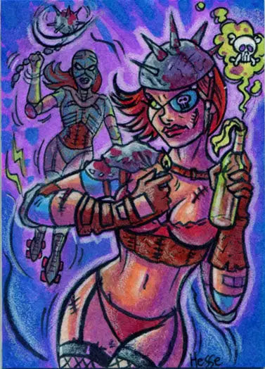 Punk-style woman with skull staff in colorful illustration for Female Persuasion trading card