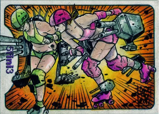 Colorful illustration of roller derby players colliding from Female Persuasion trading cards