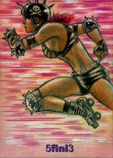 Roller derby skater in punk gear on Female Persuasion trading card by Huy Truong