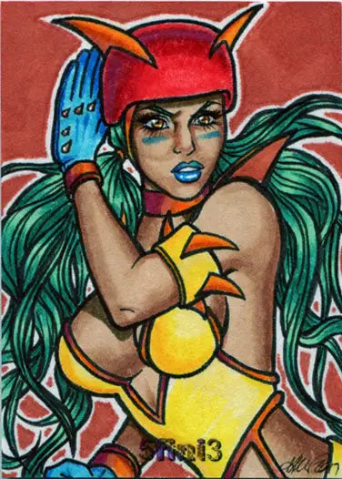 Colorful fantasy character with green hair in red helmet for Female Persuasion trading cards