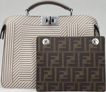 FENDI Beige Leather Handbag with brown Fendi monogram pouch for stylish storage