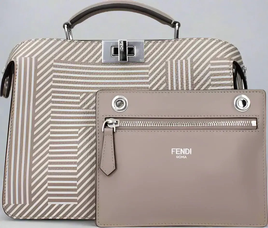 FENDI Beige Leather Handbag with gray and white patterned design and detachable clutch