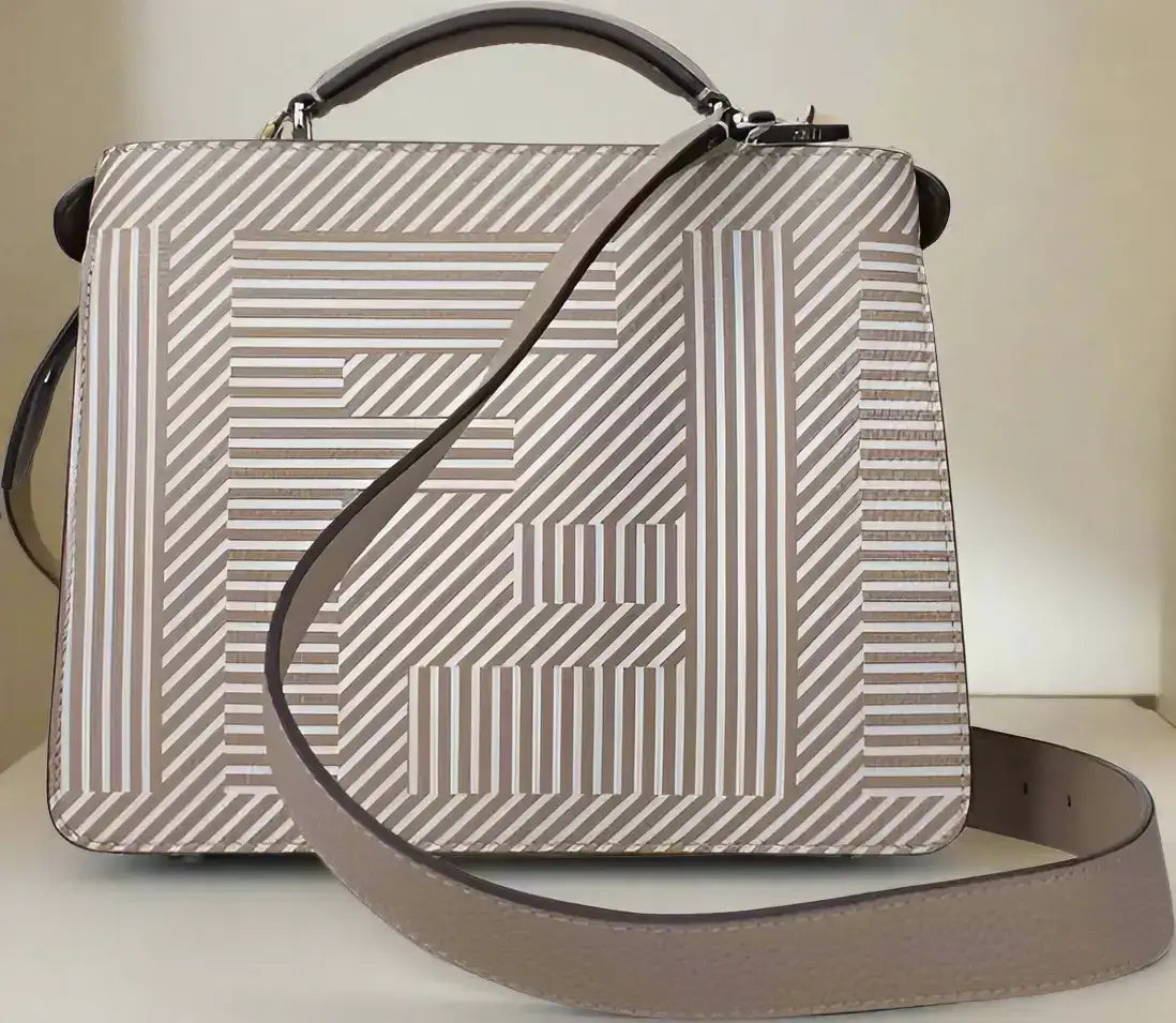 FENDI Beige Leather Handbag with striped taupe and white FF logo pattern