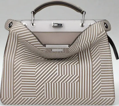 FENDI Beige Leather Handbag with taupe and white striped geometric pattern