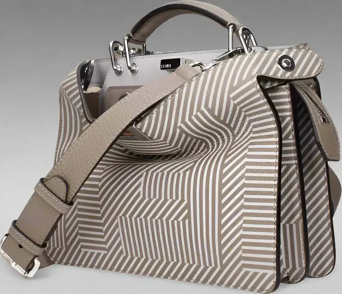 Beige leather Fendi Peekaboo handbag with white stripes, top handle, and shoulder strap