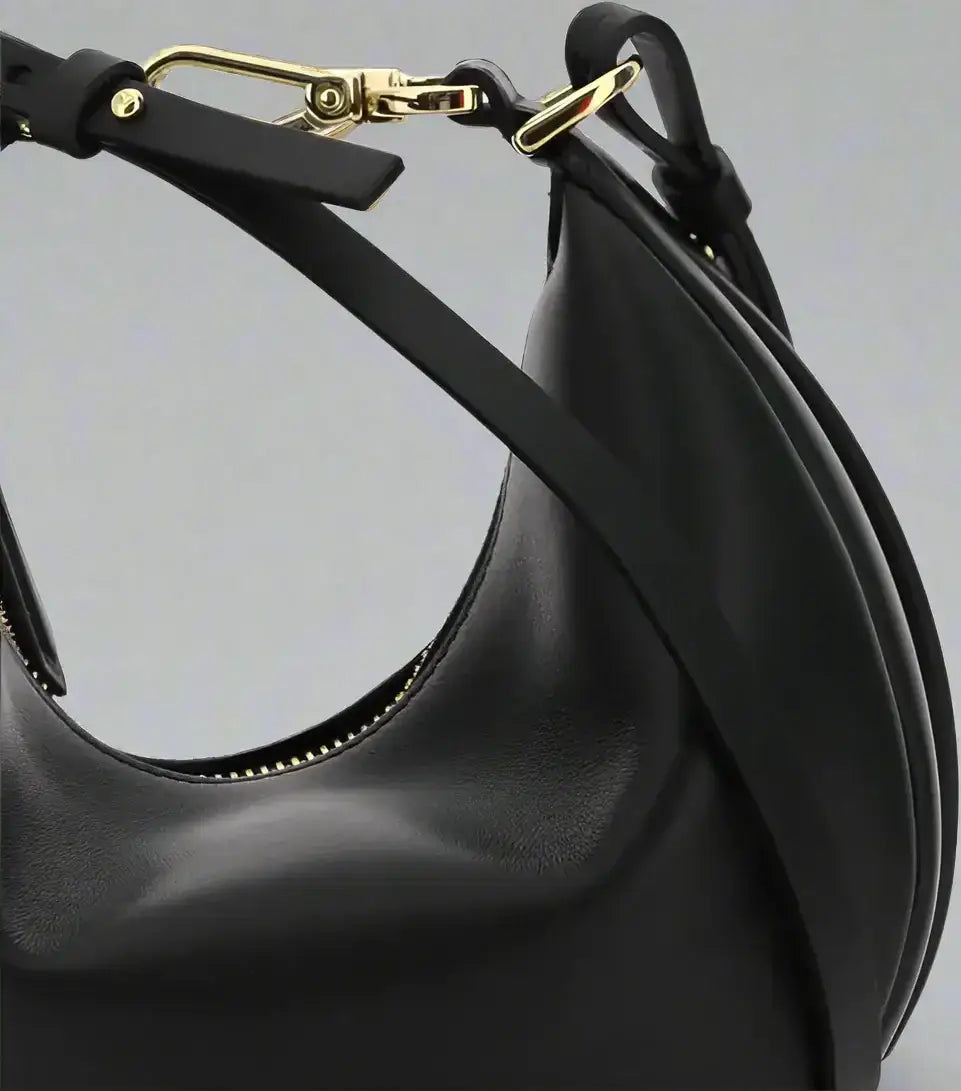 FENDI fendigraphy ring mini black leather crescent shoulder bag with gold hardware