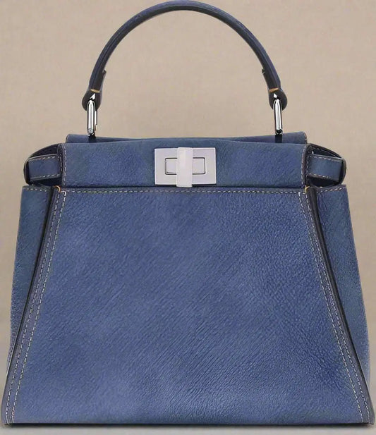 FENDI blue grained leather Peekaboo mini handbag with top handle and silver turn-lock