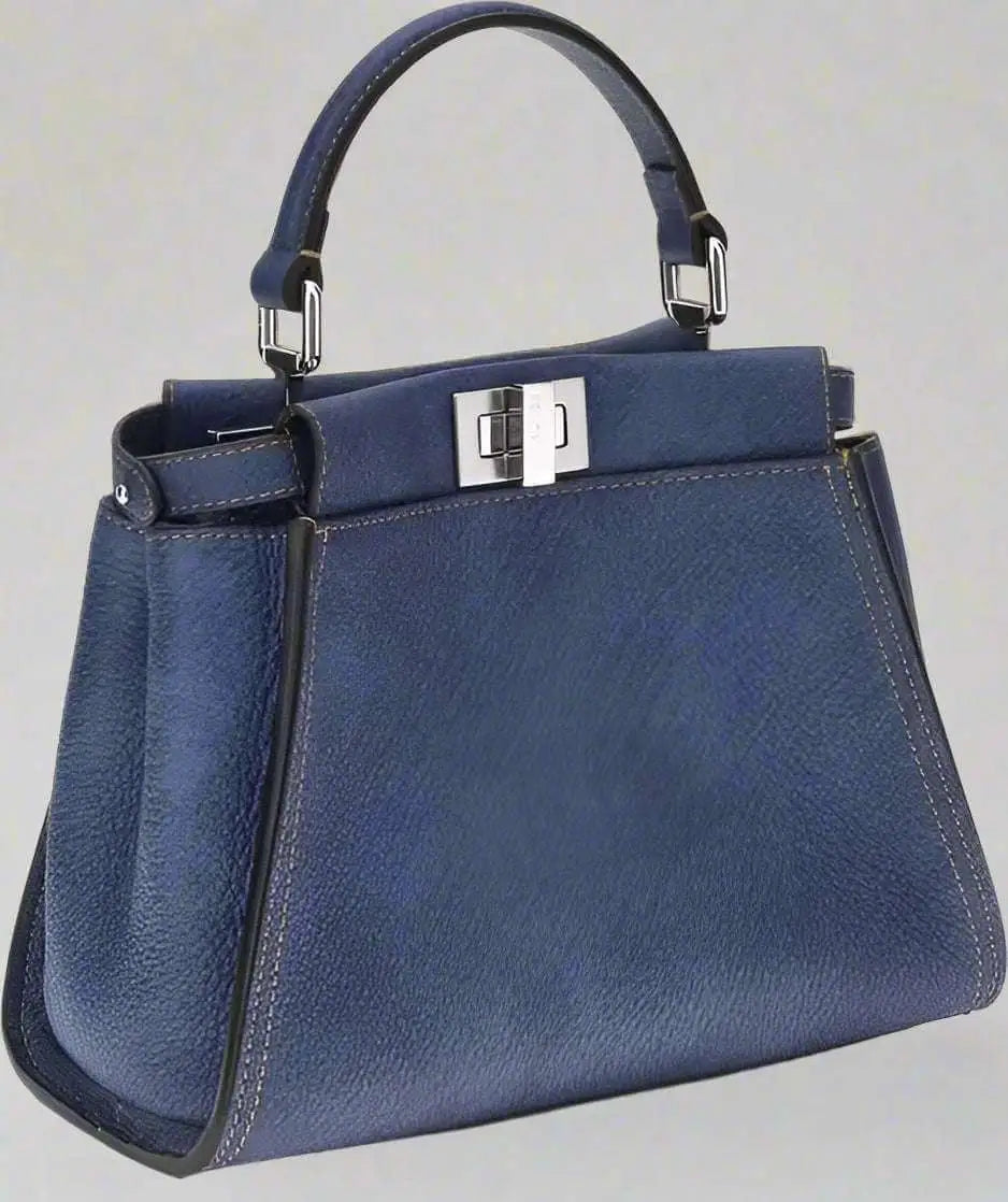 FENDI blue grained leather Peekaboo mini handbag with top handle and silver hardware