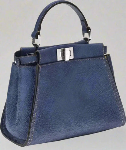 FENDI blue grained leather Peekaboo mini handbag with top handle and silver hardware