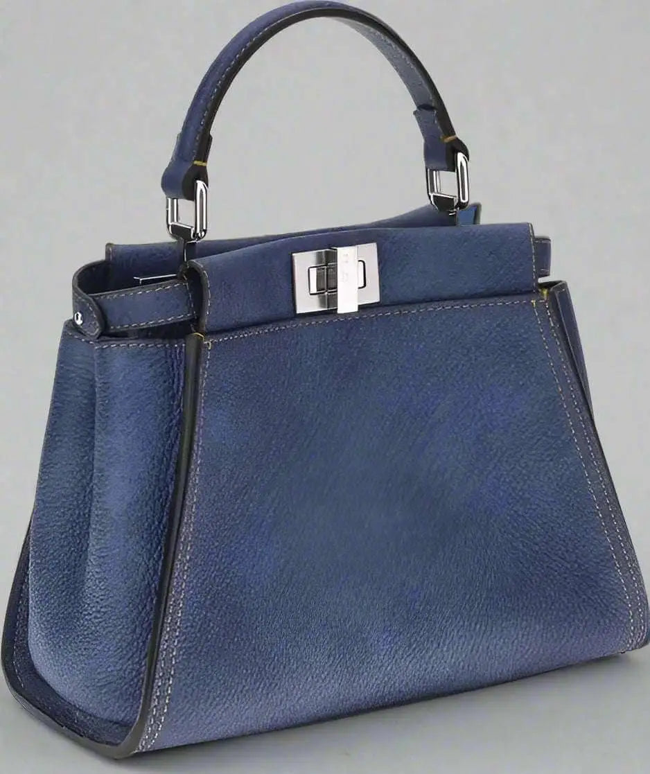 FENDI blue grained leather Peekaboo mini handbag with navy blue leather and silver hardware